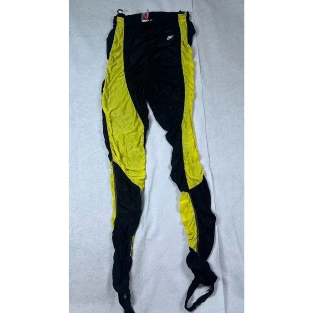 Vintage Nike Stirrup Leggings Pants Black Yellow Ruched Stacked Womens Size M